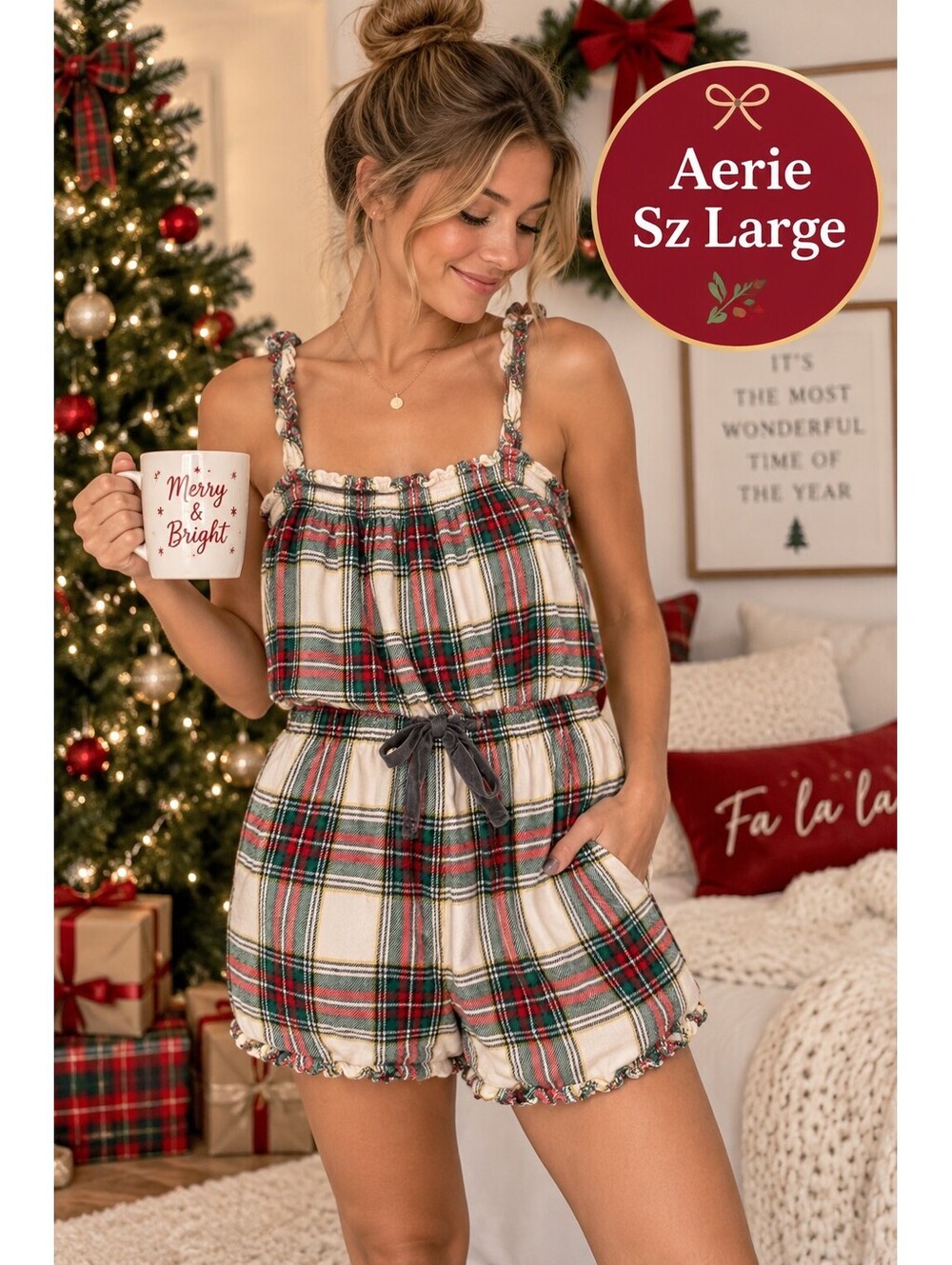 Aerie | L | Plaid Flannel Ruffle Romper